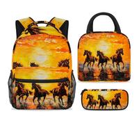 ewndhtse School Backpack Set with Lunch Bag Pencil Case, 3 Pcs School Bookbags Set Travel Rucksack Casual Daypack for Teens Girls Boys Primary Junior Middle - Horse on The Sea Sunrise