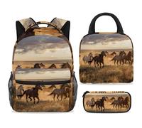 ewndhtse School Backpack Set with Lunch Bag Pencil Case, 3 Pcs School Bookbags Set Travel Rucksack Casual Daypack for Teens Girls Boys Primary Junior Middle - Horses Galloping on The Prairie