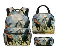 ewndhtse School Backpack Set with Lunch Bag Pencil Case, 3 Pcs School Bookbags Set Travel Rucksack Casual Daypack for Teens Girls Boys Primary Junior Middle - Three Running Horses