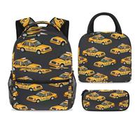 ewndhtse School Backpack Set with Lunch Bag Pencil Case, 3 Pcs School Bookbags Set Travel Rucksack Casual Daypack for Teens Girls Boys Primary Junior Middle - Yellow Taxi Car