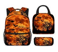 ewndhtse School Backpack Set with Lunch Bag Pencil Case, 3 Pcs School Bookbags Set Travel Rucksack Casual Daypack for Teens Girls Boys Primary Junior Middle - Full Moon Bats Tree