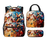 ewndhtse School Backpack Set with Lunch Bag Pencil Case, 3 Pcs School Bookbags Set Travel Rucksack Casual Daypack for Teens Girls Boys Primary Junior Middle - Butterfly Art Painting