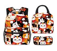 ewndhtse School Backpack Set with Lunch Bag Pencil Case, 3 Pcs School Bookbags Set Travel Rucksack Casual Daypack for Teens Girls Boys Primary Junior Middle - Colorful Maneki Neko Cats