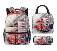 ewndhtse School Backpack Set with Lunch Bag Pencil Case, 3 Pcs School Bookbags Set Travel Rucksack Casual Daypack for Teens Girls Boys Primary Junior Middle - London Red Bus on Paris Street