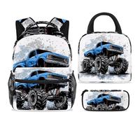 ewndhtse School Backpack Set with Lunch Bag Pencil Case, 3 Pcs School Bookbags Set Travel Rucksack Casual Daypack for Teens Girls Boys Primary Junior Middle - Blue Monster Car