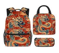 ewndhtse School Backpack Set with Lunch Bag Pencil Case, 3 Pcs School Bookbags Set Travel Rucksack Casual Daypack for Teens Girls Boys Primary Junior Middle - Ancient Dragon on Red