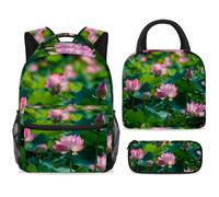 ewndhtse School Backpack Set with Lunch Bag Pencil Case, 3 Pcs School Bookbags Set Travel Rucksack Casual Daypack for Teens Girls Boys Primary Junior Middle - Lotus Pond Blossom Flowers