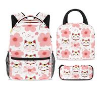 ewndhtse School Backpack Set with Lunch Bag Pencil Case, 3 Pcs School Bookbags Set Travel Rucksack Casual Daypack for Teens Girls Boys Primary Junior Middle - Maneki Neko Cats Face Cherry
