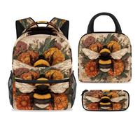 ewndhtse School Backpack Set with Lunch Bag Pencil Case, 3 Pcs School Bookbags Set Travel Rucksack Casual Daypack for Teens Girls Boys Primary Junior Middle - Bee Vintage Blossom Flowers