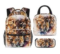 ewndhtse School Backpack Set with Lunch Bag Pencil Case, 3 Pcs School Bookbags Set Travel Rucksack Casual Daypack for Teens Girls Boys Primary Junior Middle - Watercolor Tigers and Lions