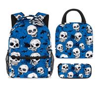 ewndhtse School Backpack Set with Lunch Bag Pencil Case, 3 Pcs School Bookbags Set Travel Rucksack Casual Daypack for Teens Girls Boys Primary Junior Middle - Skulls and Bats