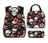 ewndhtse School Backpack Set with Lunch Bag Pencil Case, 3 Pcs School Bookbags Set Travel Rucksack Casual Daypack for Teens Girls Boys Primary Junior Middle - Daisies Dead Skull
