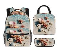 ewndhtse School Backpack Set with Lunch Bag Pencil Case, 3 Pcs School Bookbags Set Travel Rucksack Casual Daypack for Teens Girls Boys Primary Junior Middle - Seaside Starfish Shells Sand