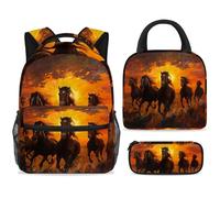 ewndhtse School Backpack Set with Lunch Bag Pencil Case, 3 Pcs School Bookbags Set Travel Rucksack Casual Daypack for Teens Girls Boys Primary Junior Middle - Galloping Horses