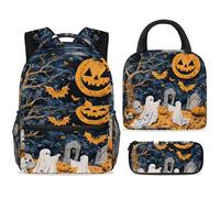 ewndhtse School Backpack Set with Lunch Bag Pencil Case, 3 Pcs School Bookbags Set Travel Rucksack Casual Daypack for Teens Girls Boys Primary Junior Middle - Ghosts Dead Tree Pumpkin Bats