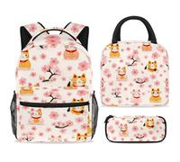 ewndhtse School Backpack Set with Lunch Bag Pencil Case, 3 Pcs School Bookbags Set Travel Rucksack Casual Daypack for Teens Girls Boys Primary Junior Middle - Maneki Neko Cats Cherry Florals