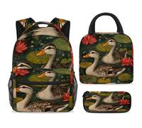 ewndhtse School Backpack Set with Lunch Bag Pencil Case, 3 Pcs School Bookbags Set Travel Rucksack Casual Daypack for Teens Girls Boys Primary Junior Middle - Two Ducks on Lotus Pond