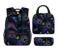ewndhtse School Backpack Set with Lunch Bag Pencil Case, 3 Pcs School Bookbags Set Travel Rucksack Casual Daypack for Teens Girls Boys Primary Junior Middle - Peacock Feathers Colorful Butterfly