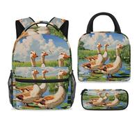 ewndhtse School Backpack Set with Lunch Bag Pencil Case, 3 Pcs School Bookbags Set Travel Rucksack Casual Daypack for Teens Girls Boys Primary Junior Middle - Watercolor Lotus Pond Ducks