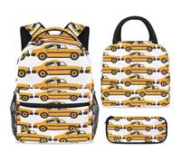 ewndhtse School Backpack Set with Lunch Bag Pencil Case, 3 Pcs School Bookbags Set Travel Rucksack Casual Daypack for Teens Girls Boys Primary Junior Middle - Seamless Taxi Car