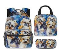ewndhtse School Backpack Set with Lunch Bag Pencil Case, 3 Pcs School Bookbags Set Travel Rucksack Casual Daypack for Teens Girls Boys Primary Junior Middle - Watercolor Three Shih Tzu