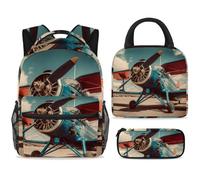 ewndhtse School Backpack Set with Lunch Bag Pencil Case, 3 Pcs School Bookbags Set Travel Rucksack Casual Daypack for Teens Girls Boys Primary Junior Middle - Airplane at The Airfield