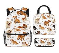 ewndhtse School Backpack Set with Lunch Bag Pencil Case, 3 Pcs School Bookbags Set Travel Rucksack Casual Daypack for Teens Girls Boys Primary Junior Middle - Cute Dogs and Footprints