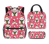 ewndhtse School Backpack Set with Lunch Bag Pencil Case, 3 Pcs School Bookbags Set Travel Rucksack Casual Daypack for Teens Girls Boys Primary Junior Middle - Maneki Neko Cats Cherry Florals