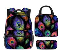 ewndhtse School Backpack Set with Lunch Bag Pencil Case, 3 Pcs School Bookbags Set Travel Rucksack Casual Daypack for Teens Girls Boys Primary Junior Middle - Watercolor Peacock Feathers
