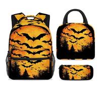 ewndhtse School Backpack Set with Lunch Bag Pencil Case, 3 Pcs School Bookbags Set Travel Rucksack Casual Daypack for Teens Girls Boys Primary Junior Middle - Halloween Bats Tree Full Moon
