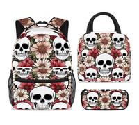 ewndhtse School Backpack Set with Lunch Bag Pencil Case, 3 Pcs School Bookbags Set Travel Rucksack Casual Daypack for Teens Girls Boys Primary Junior Middle - Blossom Pink Daisy Skulls