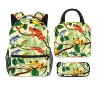 ewndhtse School Backpack Set with Lunch Bag Pencil Case, 3 Pcs School Bookbags Set Travel Rucksack Casual Daypack for Teens Girls Boys Primary Junior Middle - Colorful Frogs on Branch