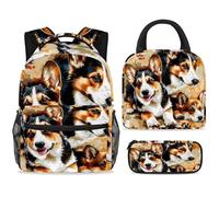 ewndhtse School Backpack Set with Lunch Bag Pencil Case, 3 Pcs School Bookbags Set Travel Rucksack Casual Daypack for Teens Girls Boys Primary Junior Middle - Watercolor Corgi Dogs Footprints
