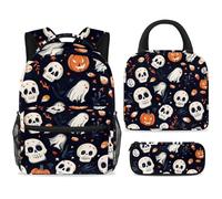 ewndhtse School Backpack Set with Lunch Bag Pencil Case, 3 Pcs School Bookbags Set Travel Rucksack Casual Daypack for Teens Girls Boys Primary Junior Middle - Halloween Skull Ghost Pumpkin