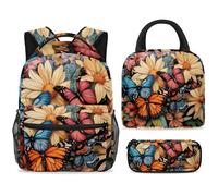 ewndhtse School Backpack Set with Lunch Bag Pencil Case, 3 Pcs School Bookbags Set Travel Rucksack Casual Daypack for Teens Girls Boys Primary Junior Middle - Lily Daisy Flowers Butterfly