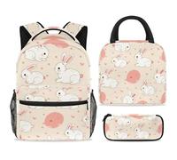 ewndhtse School Backpack Set with Lunch Bag Pencil Case, 3 Pcs School Bookbags Set Travel Rucksack Casual Daypack for Teens Girls Boys Primary Junior Middle - Bunny Pink Polka Dot Hearts