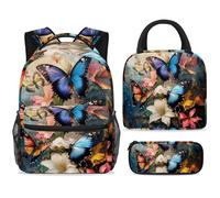 ewndhtse School Backpack Set with Lunch Bag Pencil Case, 3 Pcs School Bookbags Set Travel Rucksack Casual Daypack for Teens Girls Boys Primary Junior Middle - Butterfly Lily Wildflowers