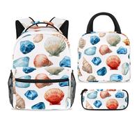 ewndhtse School Backpack Set with Lunch Bag Pencil Case, 3 Pcs School Bookbags Set Travel Rucksack Casual Daypack for Teens Girls Boys Primary Junior Middle - Seashells Stones Pattern