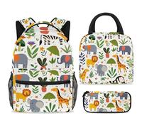 ewndhtse School Backpack Set with Lunch Bag Pencil Case, 3 Pcs School Bookbags Set Travel Rucksack Casual Daypack for Teens Girls Boys Primary Junior Middle - Cartoon Zoo Animals