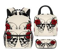 ewndhtse School Backpack Set with Lunch Bag Pencil Case, 3 Pcs School Bookbags Set Travel Rucksack Casual Daypack for Teens Girls Boys Primary Junior Middle - Red Rose Dead Sugar Skull