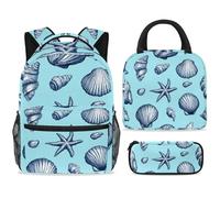 ewndhtse School Backpack Set with Lunch Bag Pencil Case, 3 Pcs School Bookbags Set Travel Rucksack Casual Daypack for Teens Girls Boys Primary Junior Middle - Seashells Conch Starfish