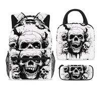 ewndhtse School Backpack Set with Lunch Bag Pencil Case, 3 Pcs School Bookbags Set Travel Rucksack Casual Daypack for Teens Girls Boys Primary Junior Middle - Zombie Skulls Flying Bats