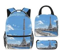 ewndhtse School Backpack Set with Lunch Bag Pencil Case, 3 Pcs School Bookbags Set Travel Rucksack Casual Daypack for Teens Girls Boys Primary Junior Middle - Blue Sky Paris Tower Seine River