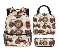ewndhtse School Backpack Set with Lunch Bag Pencil Case, 3 Pcs School Bookbags Set Travel Rucksack Casual Daypack for Teens Girls Boys Primary Junior Middle - Vintage Farm Tractors