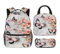 ewndhtse School Backpack Set with Lunch Bag Pencil Case, 3 Pcs School Bookbags Set Travel Rucksack Casual Daypack for Teens Girls Boys Primary Junior Middle - Pink Butterfly Cherry Blssom Branch