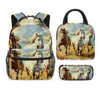 ewndhtse School Backpack Set with Lunch Bag Pencil Case, 3 Pcs School Bookbags Set Travel Rucksack Casual Daypack for Teens Girls Boys Primary Junior Middle - Watercolor Horses
