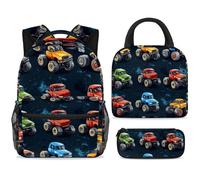 ewndhtse School Backpack Set with Lunch Bag Pencil Case, 3 Pcs School Bookbags Set Travel Rucksack Casual Daypack for Teens Girls Boys Primary Junior Middle - Cartoon Monster Truck Cars