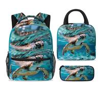 ewndhtse School Backpack Set with Lunch Bag Pencil Case, 3 Pcs School Bookbags Set Travel Rucksack Casual Daypack for Teens Girls Boys Primary Junior Middle - Turtle in The Sea