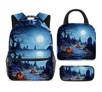 ewndhtse School Backpack Set with Lunch Bag Pencil Case, 3 Pcs School Bookbags Set Travel Rucksack Casual Daypack for Teens Girls Boys Primary Junior Middle - Blue Graveyard Pumpkin