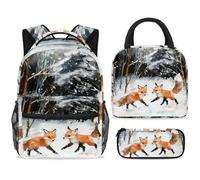 ewndhtse School Backpack Set with Lunch Bag Pencil Case, 3 Pcs School Bookbags Set Travel Rucksack Casual Daypack for Teens Girls Boys Primary Junior Middle - Little Foxes on Snow